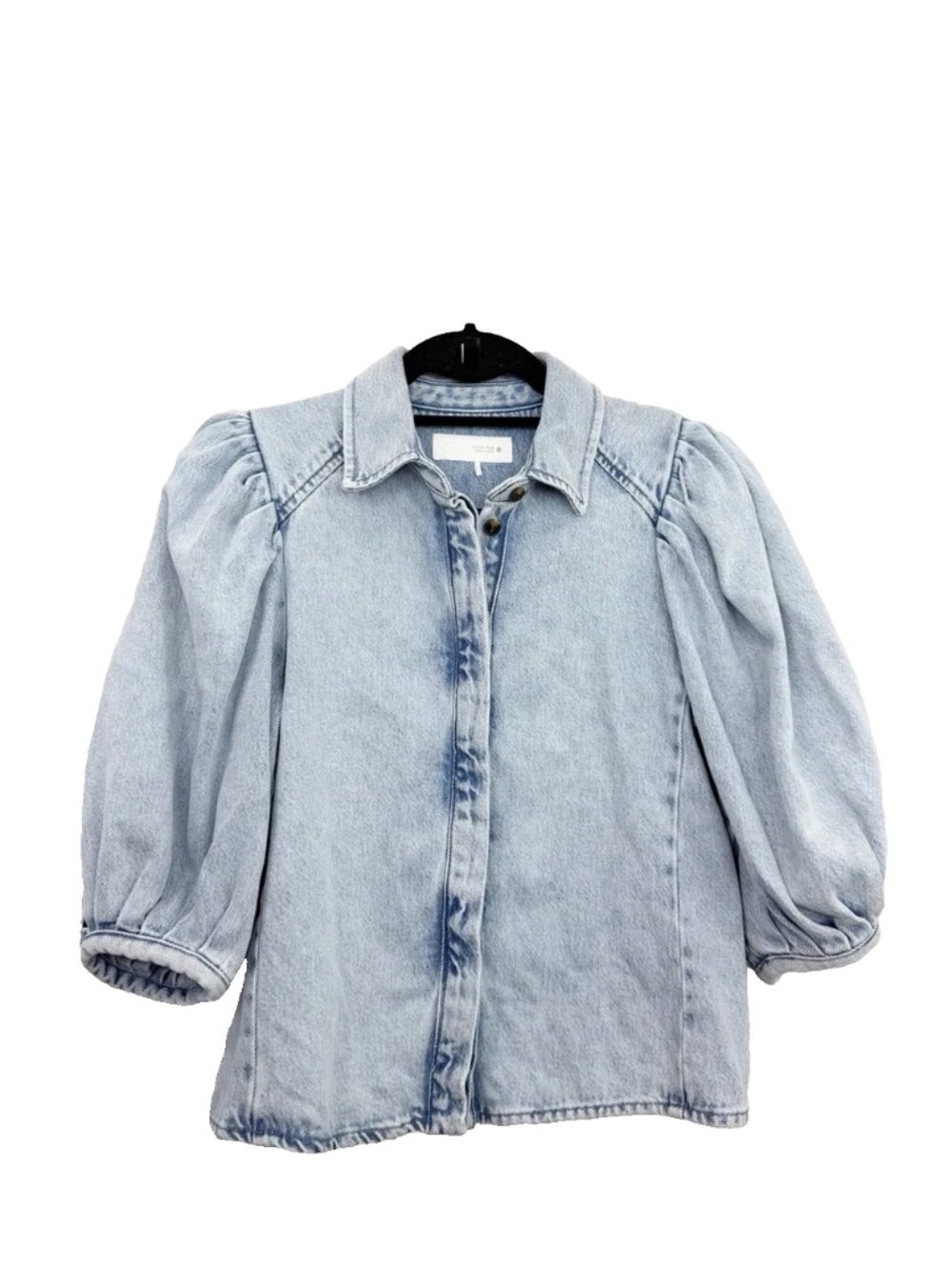 Zara Blue Denim Puff Sleeve Button Down Blouse Size Small